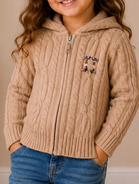 Lands' End Other - Lands End Kids Cable Knit Sweater Hoodie Full Zip Tan Beige Combed Cotton